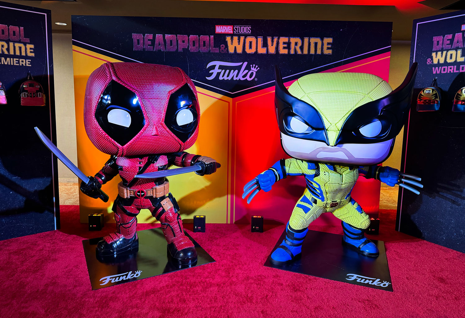 Six-foot Wolverine and Deadpool Giant Funko Pop character statue fabricated for the Marvel Deadpool and Wolverine movie premiere.
